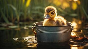un anadón se sienta en un metal balde, rodeado por agua y verdor, capturar un sereno momento. foto