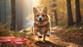 A happy corgi running through a forest path surrounded by autumn foliage and frisbees. photo