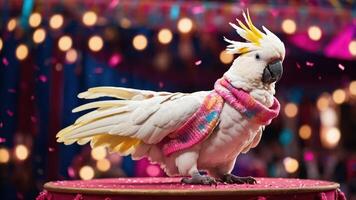 A cockatoo wearing a colorful scarf, posed on a pedestal with festive decorations. photo