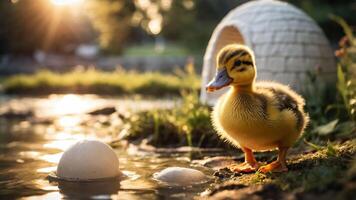 A cute duckling stands by a pond, with a cozy igloo in the background during sunset. photo