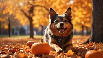 A happy dog lying among pumpkins and autumn leaves in a vibrant fall setting. photo