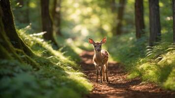 A serene forest scene featuring a young deer on a sunlit path surrounded by lush greenery. photo