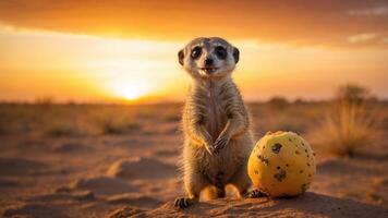 A meerkat stands in a desert landscape at sunset, beside a textured yellow ball. photo