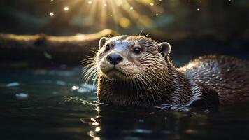 A close-up of an otter swimming in a serene environment with sunlight filtering through. photo