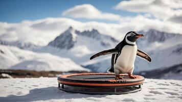 A penguin stands on a trampoline in a snowy landscape with mountains in the background. photo