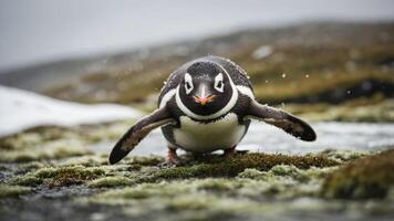 A close-up of a Gentoo penguin on a mossy surface in a natural setting. photo