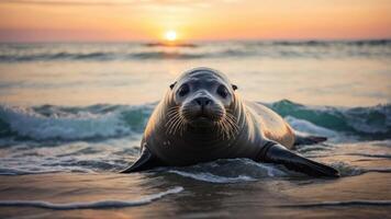 A seal lounging on a sandy beach at sunset, with gentle waves lapping at its side. photo