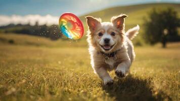 A playful dog joyfully chases a colorful frisbee in a sunny grassy field. photo