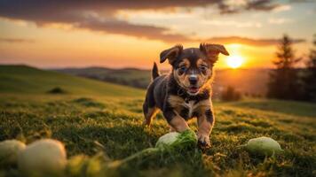 A playful puppy running through a grassy field during sunset. photo