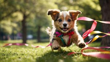A playful puppy running joyfully in a park, adorned with colorful ribbons. photo
