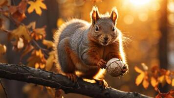 A squirrel holding a nut on a branch in a sunlit autumn forest. photo