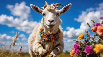 A cheerful goat adorned with flowers runs through a vibrant field under a blue sky. photo