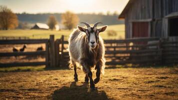 A goat walks towards the camera in a serene farm setting during golden hour. photo