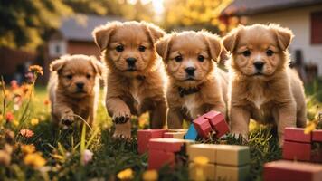 Four adorable puppies playfully exploring a grassy area with colorful blocks nearby. photo