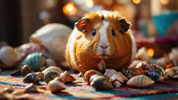 A cute guinea pig surrounded by colorful seashells on a patterned surface. photo