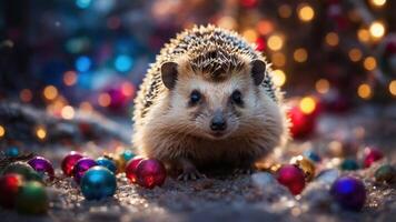 A cute hedgehog surrounded by colorful ornaments in a festive setting. photo