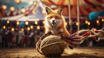 A playful fox leaps over a large ball in a vibrant circus setting. photo