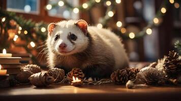 A cute ferret surrounded by pine cones and candles in a cozy, festive setting. photo