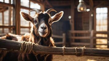 A goat looking curiously from a wooden fence in a rustic barn setting. photo