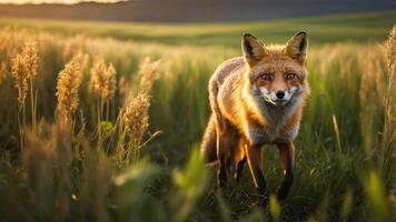 A fox walking through a sunlit field of tall grass at sunset. photo