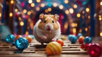 un linda hámster rodeado por vistoso decoraciones y luces, evocando un festivo atmósfera. foto