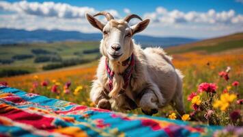 A playful goat jumps over a colorful blanket in a vibrant flower-filled landscape. photo
