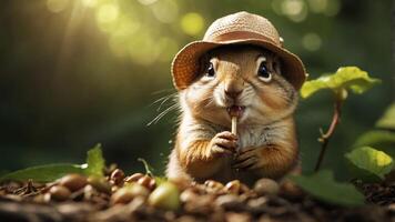 A cute squirrel wearing a straw hat, nibbling on a twig amidst a forest setting. photo