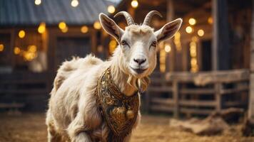 A goat wearing a decorative collar in a rustic barn setting with warm lights. photo
