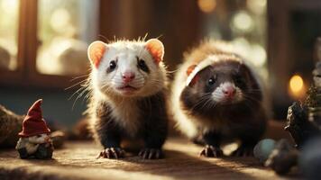 Two ferrets with expressive faces in a cozy setting, accompanied by a small gnome figure. photo