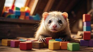 A curious ferret surrounded by colorful building blocks in a cozy attic setting. photo