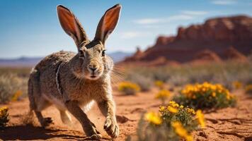 A rabbit running through a desert landscape with blooming flowers and distant rock formations. photo