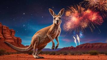A kangaroo stands in front of a fireworks display against a desert landscape at night. photo