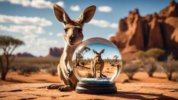 A kangaroo beside a snow globe featuring its reflection in a desert landscape. photo