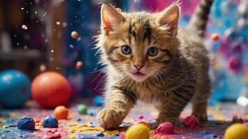 A playful kitten explores a colorful, festive environment filled with vibrant decorations. photo