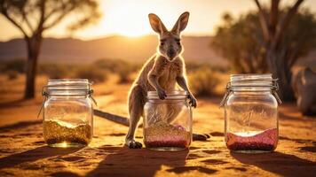 A kangaroo interacts with jars filled with colorful beads in a desert setting at sunset. photo