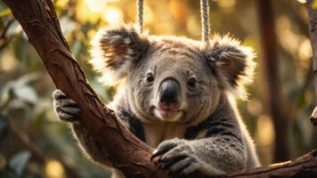 A close-up of a koala hanging on a tree branch in a natural setting. photo