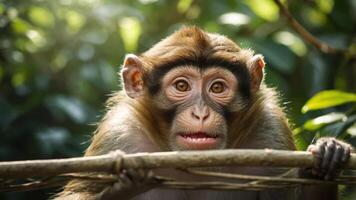 A close-up of a monkey with expressive eyes, surrounded by greenery. photo