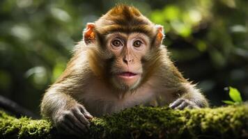 A close-up of a curious monkey perched on mossy wood in a lush environment. photo