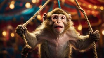 A monkey swings on ropes in a vibrant circus setting, showcasing a playful atmosphere. photo