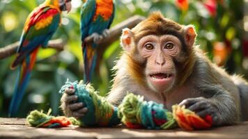 A playful monkey interacts with colorful yarns while two parrots observe nearby. photo