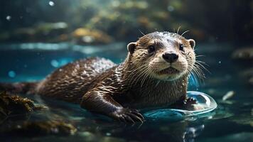 A playful otter swimming in clear water, showcasing its natural habitat and behavior. photo