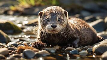 A playful otter on a rocky shore, showcasing its wet fur and curious expression. photo