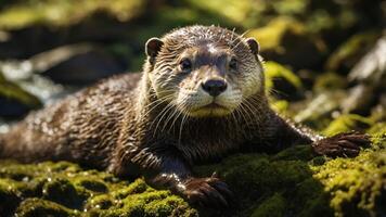 A close-up of an otter on mossy rocks near water, showcasing its playful nature. photo