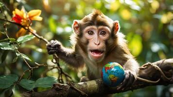 A monkey holding a small globe while perched on a branch in a lush, green environment. photo