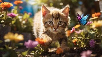 A playful kitten explores a colorful garden filled with flowers and a butterfly. photo
