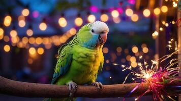 A vibrant green parrot perched on a branch with festive lights and sparklers in the background. photo