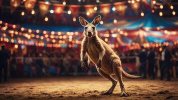 A kangaroo performing in a vibrant circus setting, surrounded by colorful lights and audience. photo