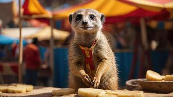 A curious meerkat stands in a vibrant market, surrounded by slices of fruit. photo
