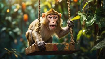 A playful monkey sits on a swing in a lush, green environment. photo