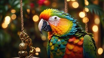 A vibrant parrot perched, showcasing its colorful feathers against a blurred background. photo